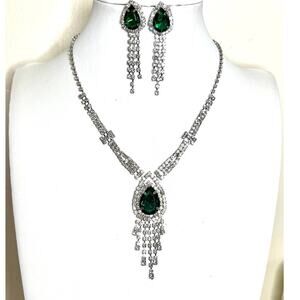 Necklace & Earrings Jewelry Set Green Clear Rhinestone Silver NEW S15